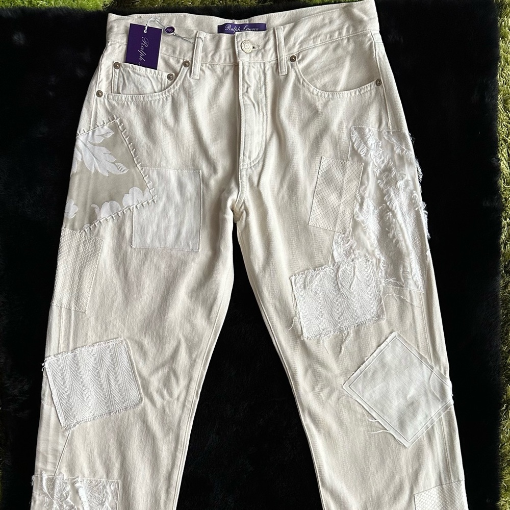 NWT $1990 Ralph Lauren Collection Boyfriend Patched Cream Jeans